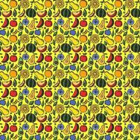 sömlös frukt mönster färgad doodle bakgrund med frukt ikoner frukt bakgrund vektor