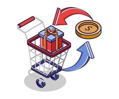 flache isometrische konzeptillustration. Einkaufen mit Trolley vektor