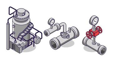 platt isometrisk konceptillustration. bunt set ikon av stora olje- och gasrör och rör för industriella fabriker vektor