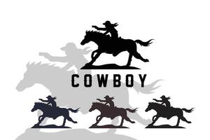 cowboy man rider häst kraftfullt siluett vid solnedgången, ikon logotyp design vektor