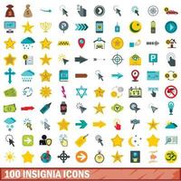 100 insignier ikoner set, platt stil vektor