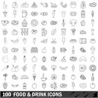 100 mat och dryck ikoner set, kontur stil vektor