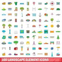 100 Landschaftselement-Icons gesetzt, Cartoon-Stil vektor