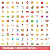 100 godis och dessert ikoner set, tecknad stil vektor