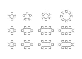 Plansatz für die Anordnung von Sitzen und Tischen im Innenraum, grafische Umrisselemente des Layouts. stühle und tische symbole im schema architekturplan. büro- und wohnmöbel, draufsicht. Vektorlinie vektor