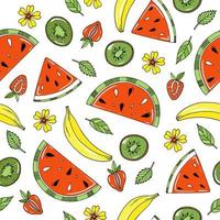 lustiges sommerfruchtmuster mit wassermelone, banane, kiwi und erdbeere auf weißem hintergrund vektor