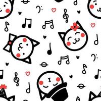 söta sömlösa mönster med katter och musiknoter. rolig musik bakgrund för barn textil, kläder, omslagspapper design. vektor print med djur ritade i doodle stil