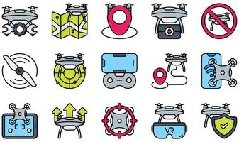 Reihe von Vektorsymbolen im Zusammenhang mit Drohnen. Enthält Symbole wie Wartung, Karte, Medizin, Propeller, Radar, virtuelle Realität und mehr.
