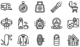 Reihe von Vektorsymbolen im Zusammenhang mit Camping. Enthält Symbole wie Wohnwagen, Kompass, Taschenlampe, Stirnlampe, Heißgetränk, Laterne und mehr. vektor