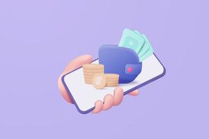 3D pengar mynt hand som håller på pastell bakgrund. hålla pengar plånbok i smartphone koncept, plånbok mynt och betalning 3d vektor render koncept. finans, investeringar, pengar att spara på mobil isolerad