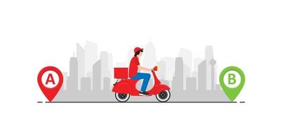 Lebensmittelbote auf einem roten Roller fährt von Punkt a nach Punkt b. Logistikkonzept, Skyline der Stadt im Hintergrund.