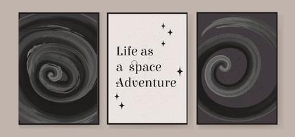 Satz von 3 kreativen abstrakten geometrischen Aquarellillustrationen mit dem Text Leben als Weltraumabenteuer. zur Wanddekoration, Dekoration von Postkarten oder Broschüren. Vektor eps10.