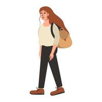 ung söt flicka som reser, liftar med ryggsäck, illustration isolerad på vit bakgrund vektor