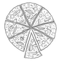 pizza Italien eller italiensk mat traditionell mat isolerad doodle handritad skiss med konturstil vektor