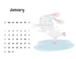 kalenderblatt für den monat januar 2023 mit einem niedlichen kaninchen, das mit kopfhörern auf einer eisbahn schlittschuh läuft. entzückendes tier, eine figur in pastellfarben. Vektor-Illustration auf weißem Hintergrund vektor