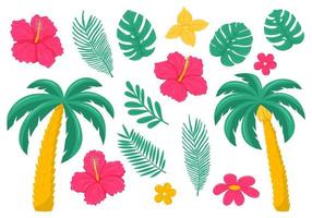 eine reihe tropischer, exotischer blätter und blumen. Palme, Hibiskus, Plumeria. helle botanische vektorillustrationen in einem flachen stil. getrennt auf einem weißen Hintergrund.