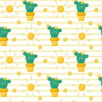 sömlöst mönster med en söt blommande kaktus, en karaktär med glasögon, solen och blommor. sommar vektorillustrationer i platt tecknad stil på en vit bakgrund med gula texturränder. vektor