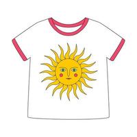 weißes T-Shirt mit kurzen Ärmeln und Retro-Sonne mit Strahlen und Augen. ein Sommerkleid. eine Farbvektorillustration mit einem Umriss, lokalisiert auf einem weißen Hintergrund. vektor