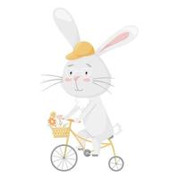 söt leende kanin i en mössa som cyklar med en korg med blommor. sommar rolig aktivitet. design för barn. för kort, kläder, t-shirttryck. bedårande karaktär. vektor illustration isolerade på vitt