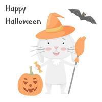 söt leende kanin i hatt, med en kvast och en halloween pumpa. bedårande djur, karaktär i pastellfärger. design för barn. för kort, kläder, t-shirttryck. vektor illustration isolerade på vitt