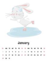 kalendersida för januari månad 2023 med en söt kanin som åker skridskor på en isbana med hörlurar. bedårande djur, en karaktär i pastellfärger. vektor illustration på en vit bakgrund