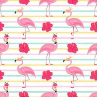 sommernahtloses muster mit niedlichen rosa flamingos in einer krone und rosa brille und hibiskusblumen. Helle Vektorgrafiken in einem flachen Cartoon-Stil auf weißem Hintergrund mit farbigen Texturstreifen. vektor