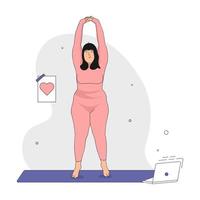 aktiv överviktig kvinna gör yoga. begreppet kärlek till din kropp och kropp positiv och hälsosam livsstil. handritad i tunn linje stil. vektor illustration.