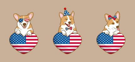 süßer corgi-hund mit usa-flaggenhitze amerikanischer unabhängigkeitstag 4. juli und gedenktagvektor