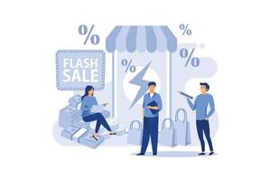 E-Commerce-Promotion-Flash-Sale-Konzept. ein mann hält megaphon. Sonderangebot, E-Commerce-Shop-Promotion, Einzelhandelseinkommen, abstrakte Metapher. flache vektorillustration vektor