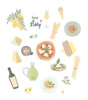 große Auswahl an italienischem Essen. illustration traditioneller italienischer gerichte und produkte.