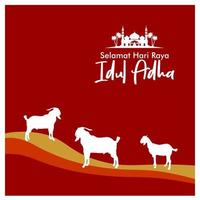 eid al adha platt vektorillustration med get eller får djur och moské. offer djur firande islamisk händelse. selamat hari raya idul adha betyder glad eid al-adha även kallad offerfestlig vektor