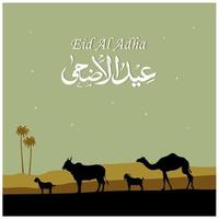 eid vektor illustration. muslimsk högtid eid al-adha. offret get, får, ko och kamel. siluett djur. grafisk design dekoration arabisk text. översättning från arabiska, eid al adha