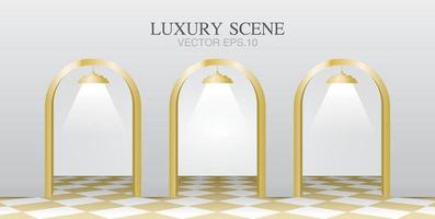 luxusszene enthält goldenen bogen und schachmusterboden 3d-illustrationsvektor zum setzen ihres objekts.