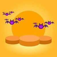 orange bakgrund cirkel podium med söt fladdermus lila illustration. 3d stil. lämplig för produktförsäljningsbakgrund, flygblad, affisch och banderoll vektor