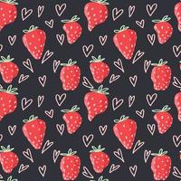 handritad sommar sömlös svart mönster med jordgubbar, abstrakt, hjärtan, love it doodle. söt vektor för papper, tyg, kök, barn.