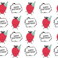 niedliche Cartoon-Erdbeere mit lustigem Gesichtsmuster. alles gute zum geburtstag text. Gekritzelillustrationsfrucht für Baby. vektor