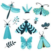 handgezeichnete Schmetterlinge, Insekten und Blumen. Mottenflügel und Frühling bunte fliegende Insekten und Käfer. Vektor auf weißem Hintergrund.
