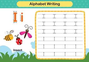alphabet buchstabe i - insektenübung mit karikaturvokabularillustration, vektor