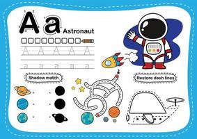 alphabet buchstabe a - astronautenübung mit cartoonvokabularillustration, vektor