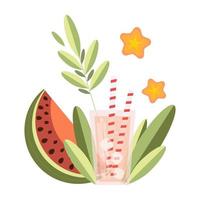 sött glas med lemonad och is. stjärnor, växter och vattenmelon sammansättning vektor