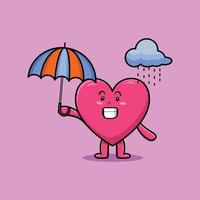 reizendes Herz der netten Karikatur im Regen und Regenschirm benutzen vektor