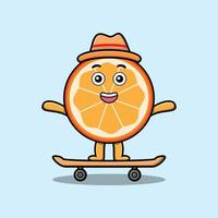 söt tecknad orange frukt står på skateboard vektor