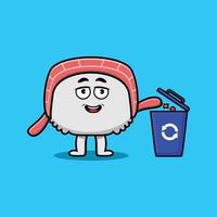 süßes Cartoon-Sushi, das Müll in den Müll wirft vektor