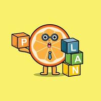 Cartoon-Orangenfrucht-Geschäftsmann, der Plankasten stapelt vektor