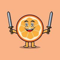 söt tecknad orange frukt håller två svärd vektor
