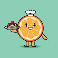 Cartoon Chef Orangenfrucht serviert Kuchen auf Tablett vektor