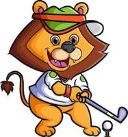 Der glückliche Löwe spielt Golf auf dem Feld vektor