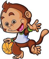Der kleine Affe spielt Basketball, während er einen Ball dribbelt vektor
