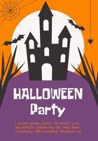 halloween affisch, hälsning eller vykort, banner, bakgrund. mörkt hem, torra träd, men, stor måne, spindel och nät. vektor