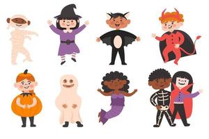 Halloween-Kostümparty für Kinder. niedliche verschiedene nationaliten mädchen und jungen in vampir, fledermaus, teufel, geist, meerjungfrau, mama, kürbishexe und skelettkostüm. vektor